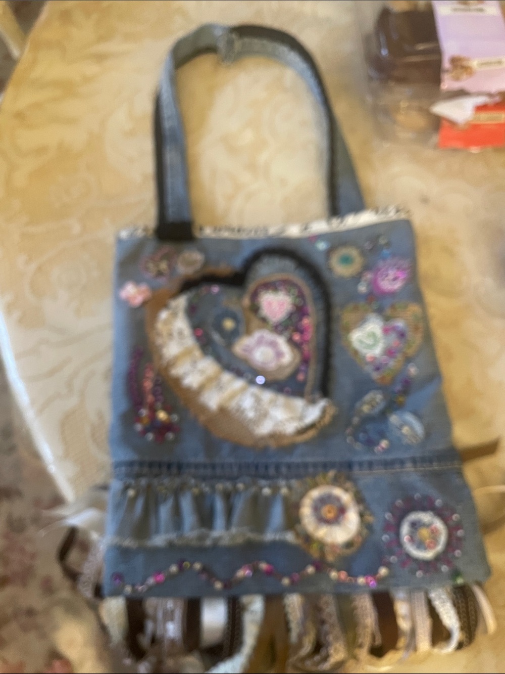 Embellished Blue Denim Heart Tote Bag